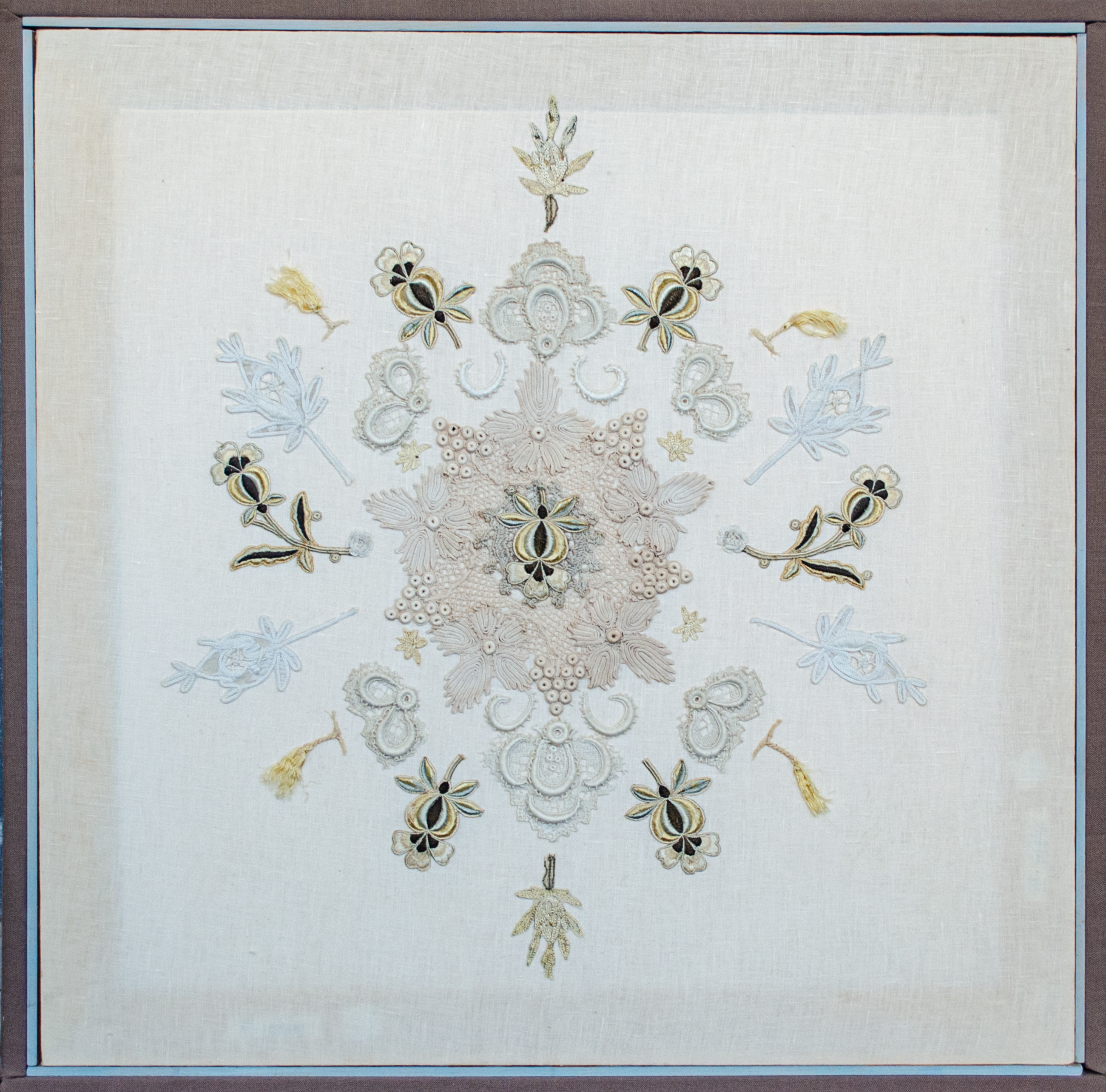 Alt text: Cloth collage with embroidered motifs