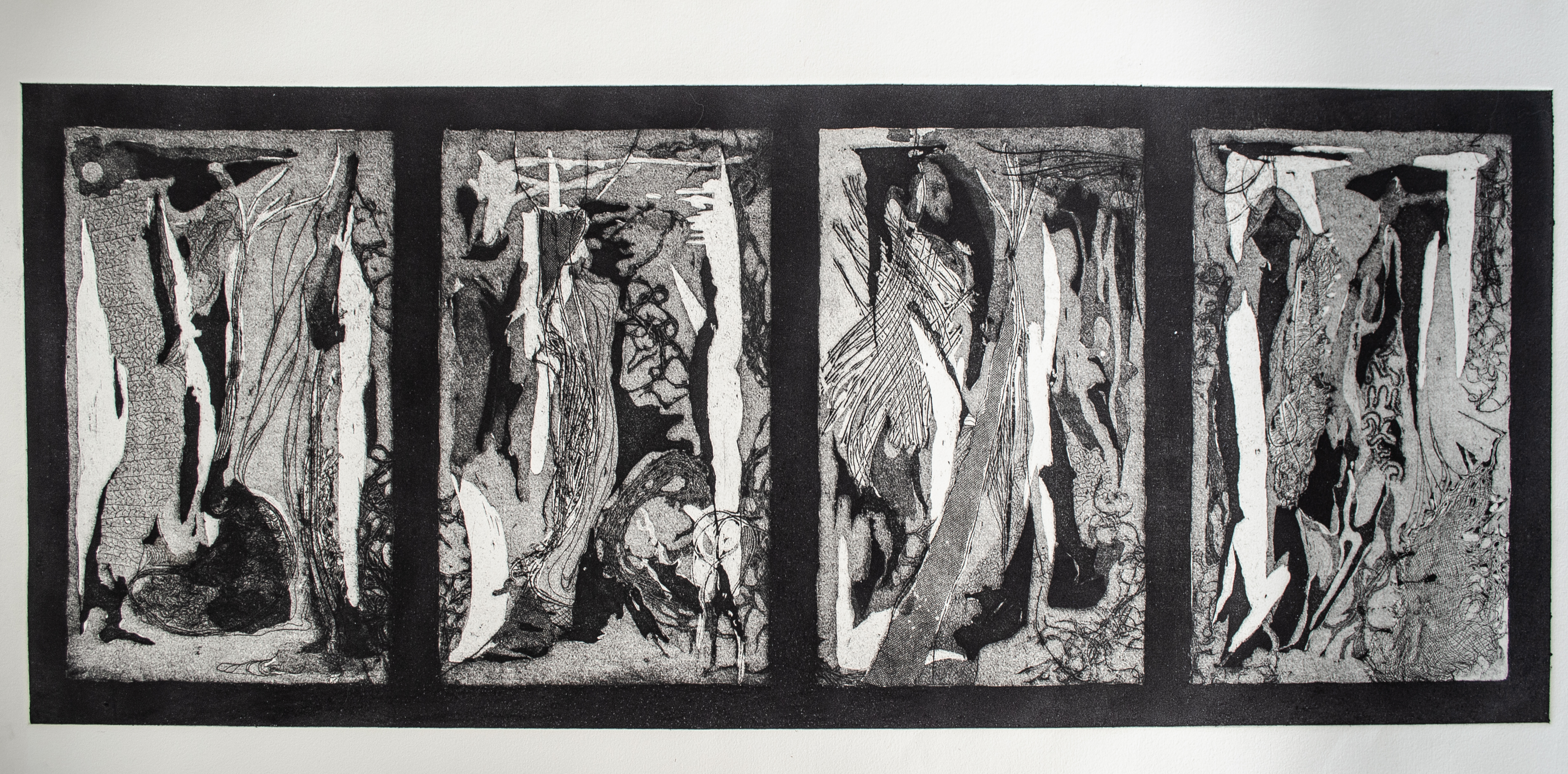Alt text: Abstract print in four windows